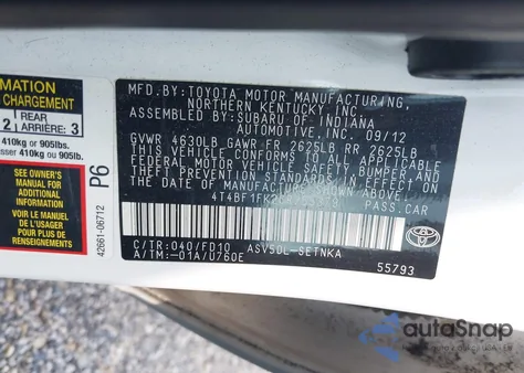 2012 Toyota Camry Le из США, поврежденный, VIN 4T4BF1FK2CR255379